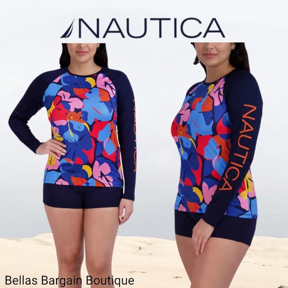 Nautica Ladies Long Sleeve Rashguard Swim Shirt Multi-Color NWT - Picture 1 of 7